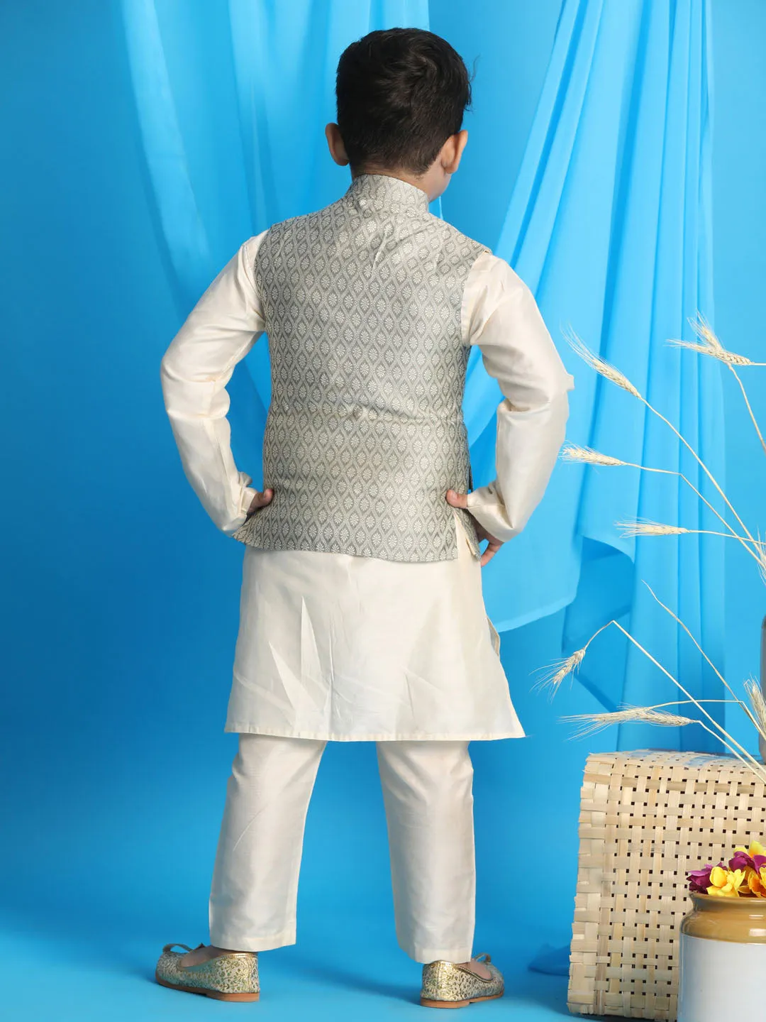 Beige Woven Jacket Cream Kurta Pyjama Set - VASTRAMAY Baap Beta