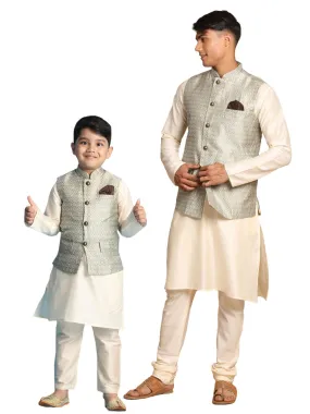 Beige Woven Jacket Cream Kurta Pyjama Set - VASTRAMAY Baap Beta