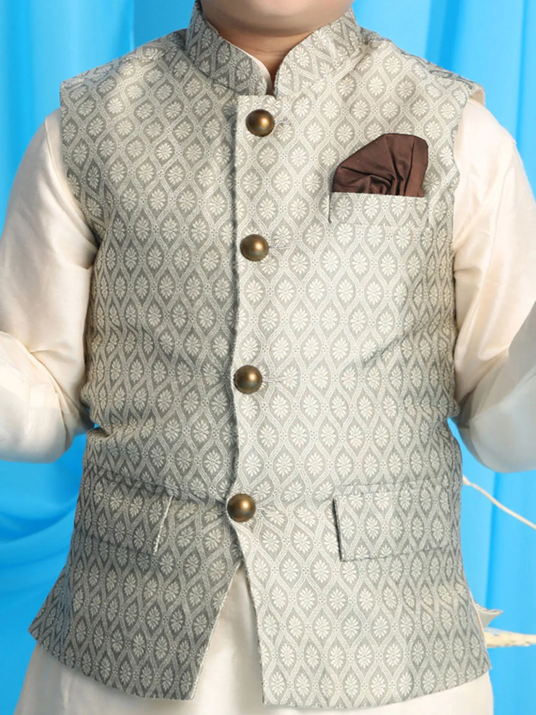 Beige Woven Jacket Cream Kurta Pyjama Set - VASTRAMAY Baap Beta