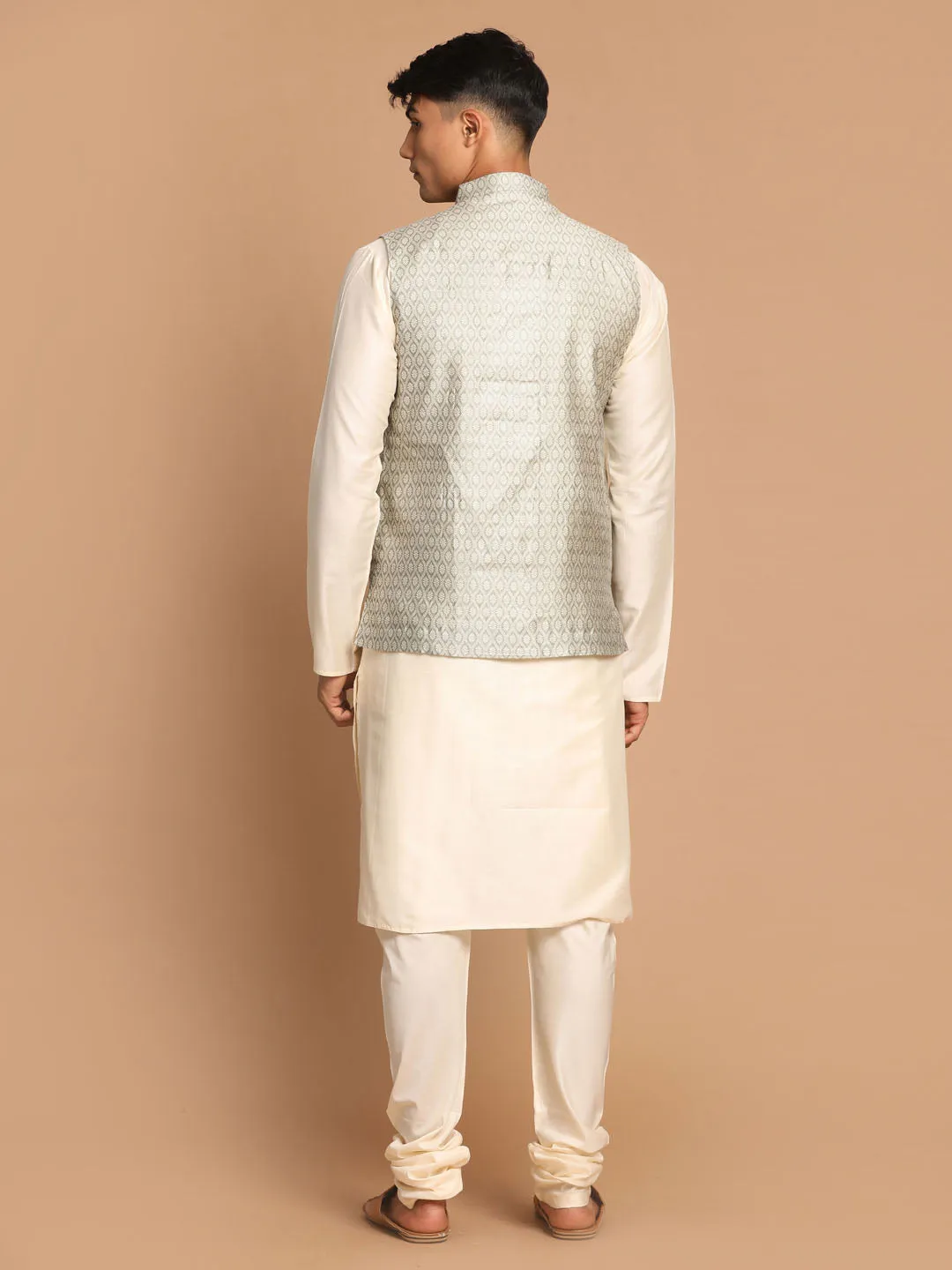 Beige Woven Jacket Cream Kurta Pyjama Set - VASTRAMAY Baap Beta