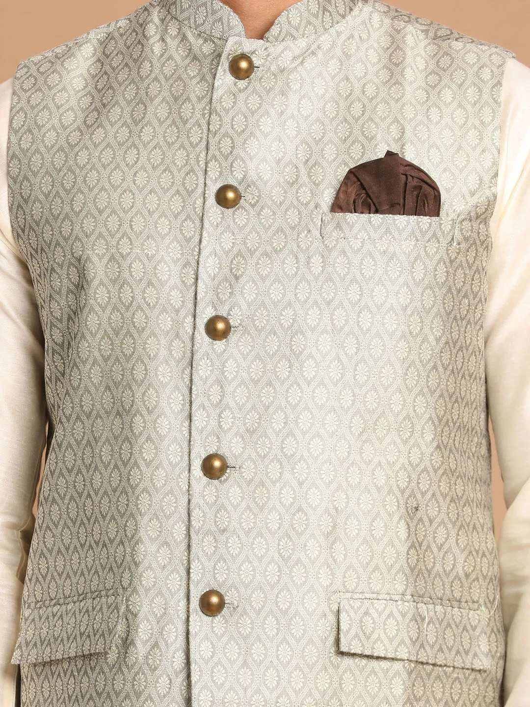 Beige Woven Jacket Cream Kurta Pyjama Set - VASTRAMAY Baap Beta