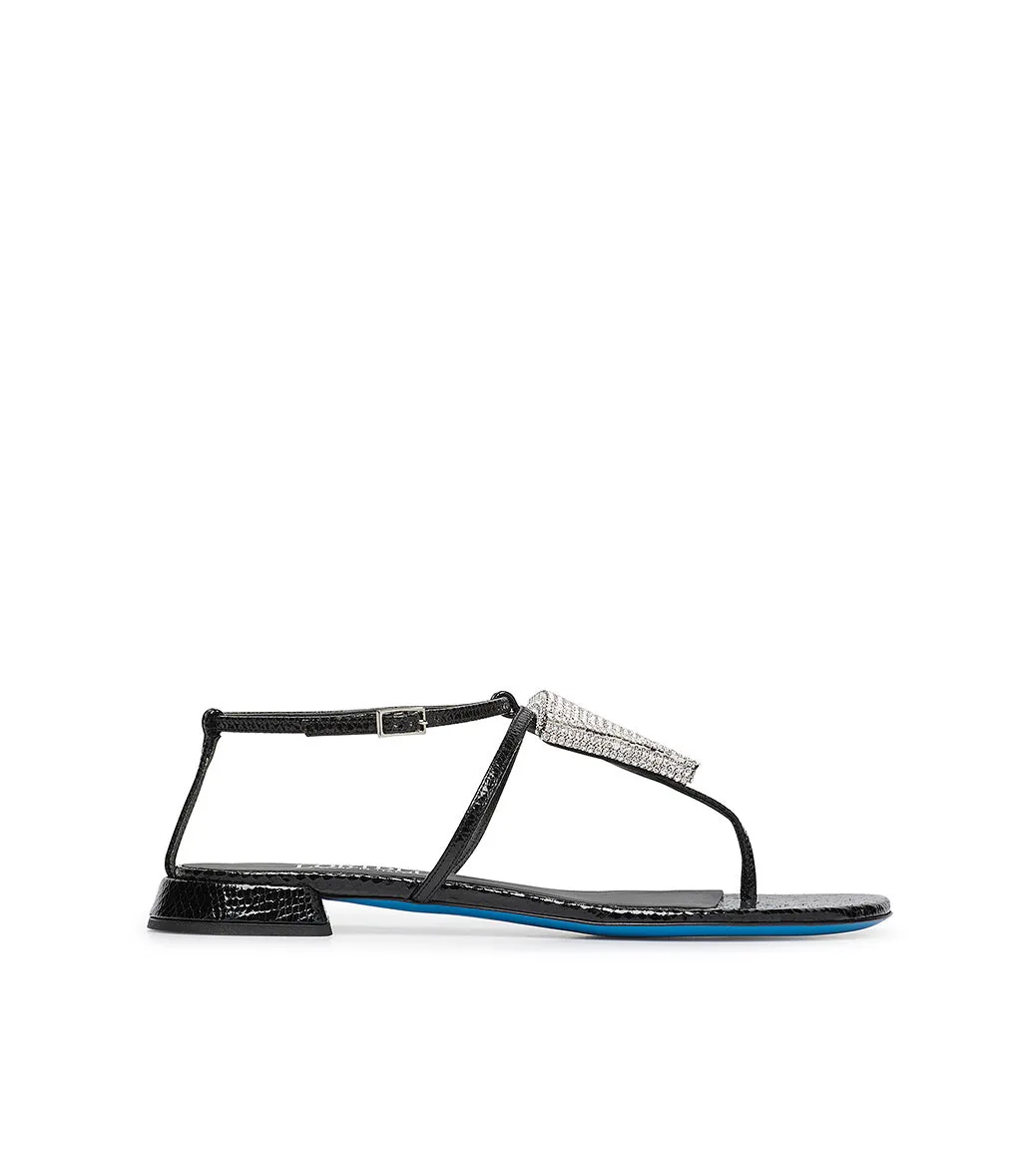 Black jewel sandals with printed leather design.