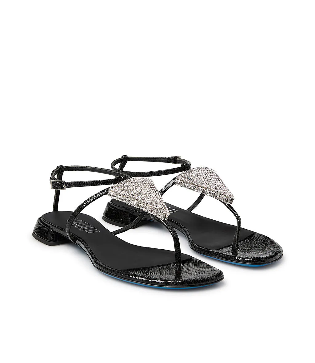 Black jewel sandals with printed leather design.