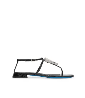 Black jewel sandals with printed leather design.