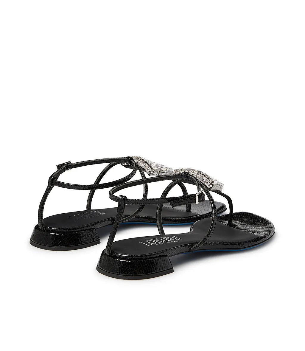 Black jewel sandals with printed leather design.