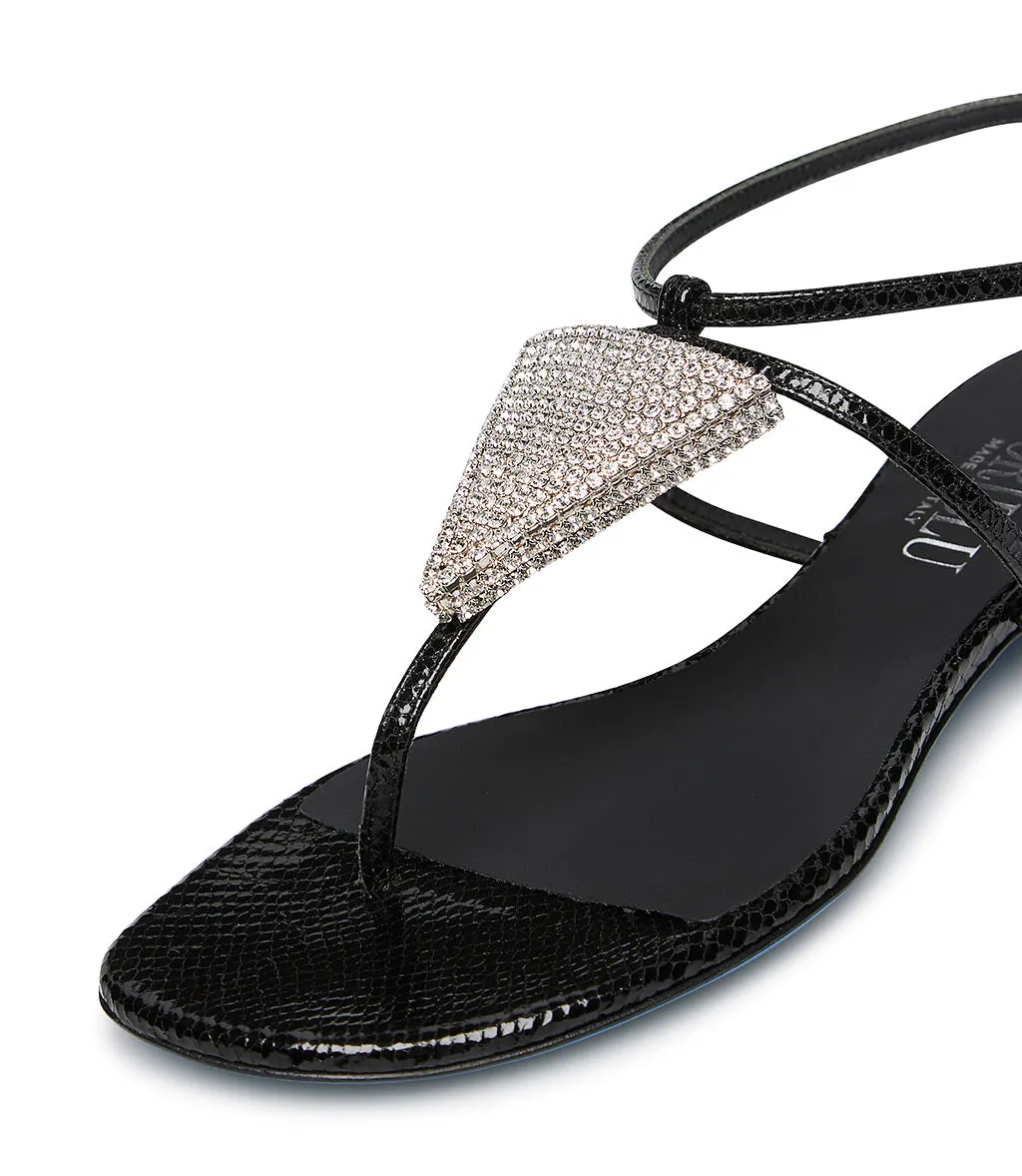 Black jewel sandals with printed leather design.