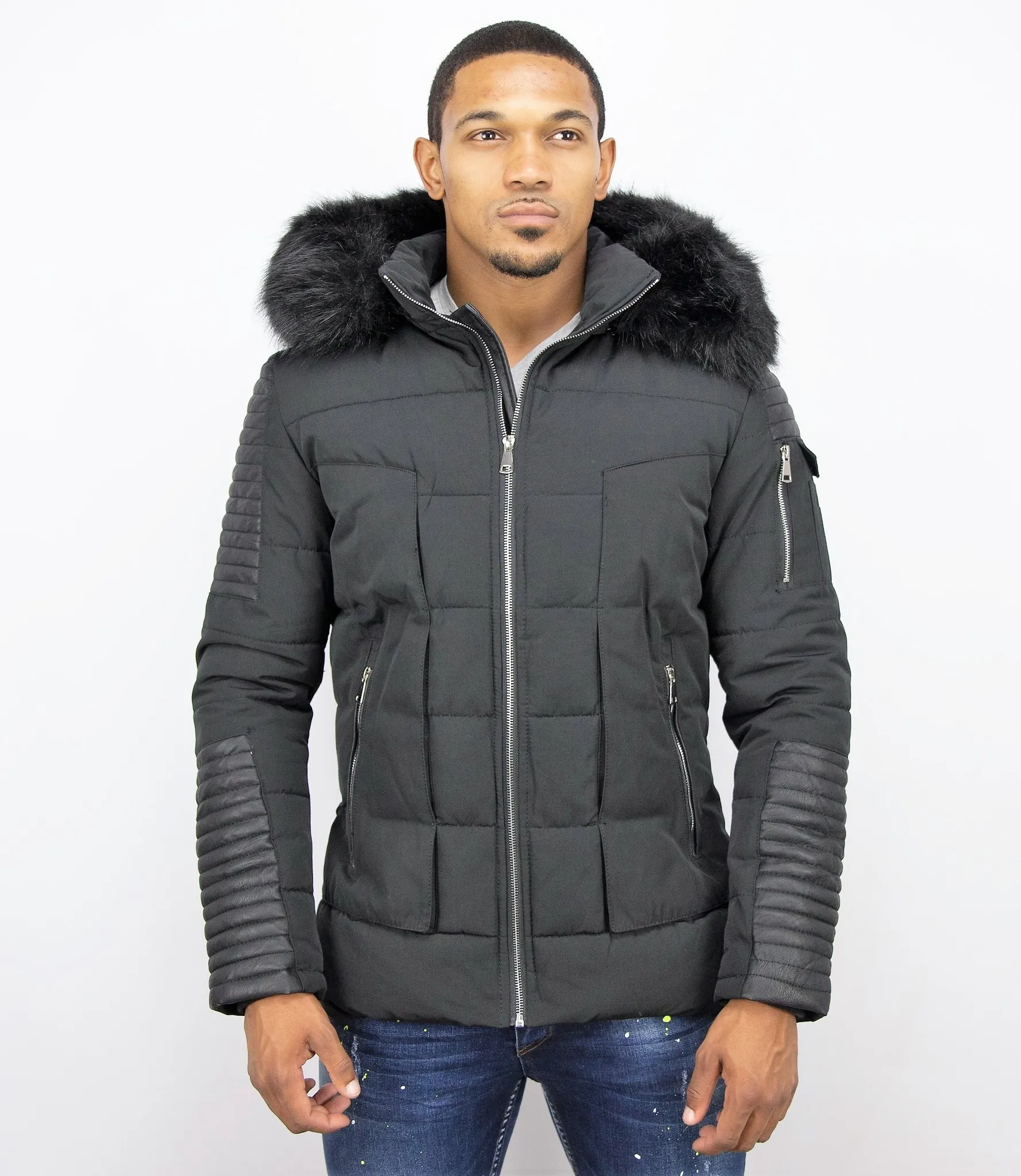 Black Leather Winter Coat with Full Arms