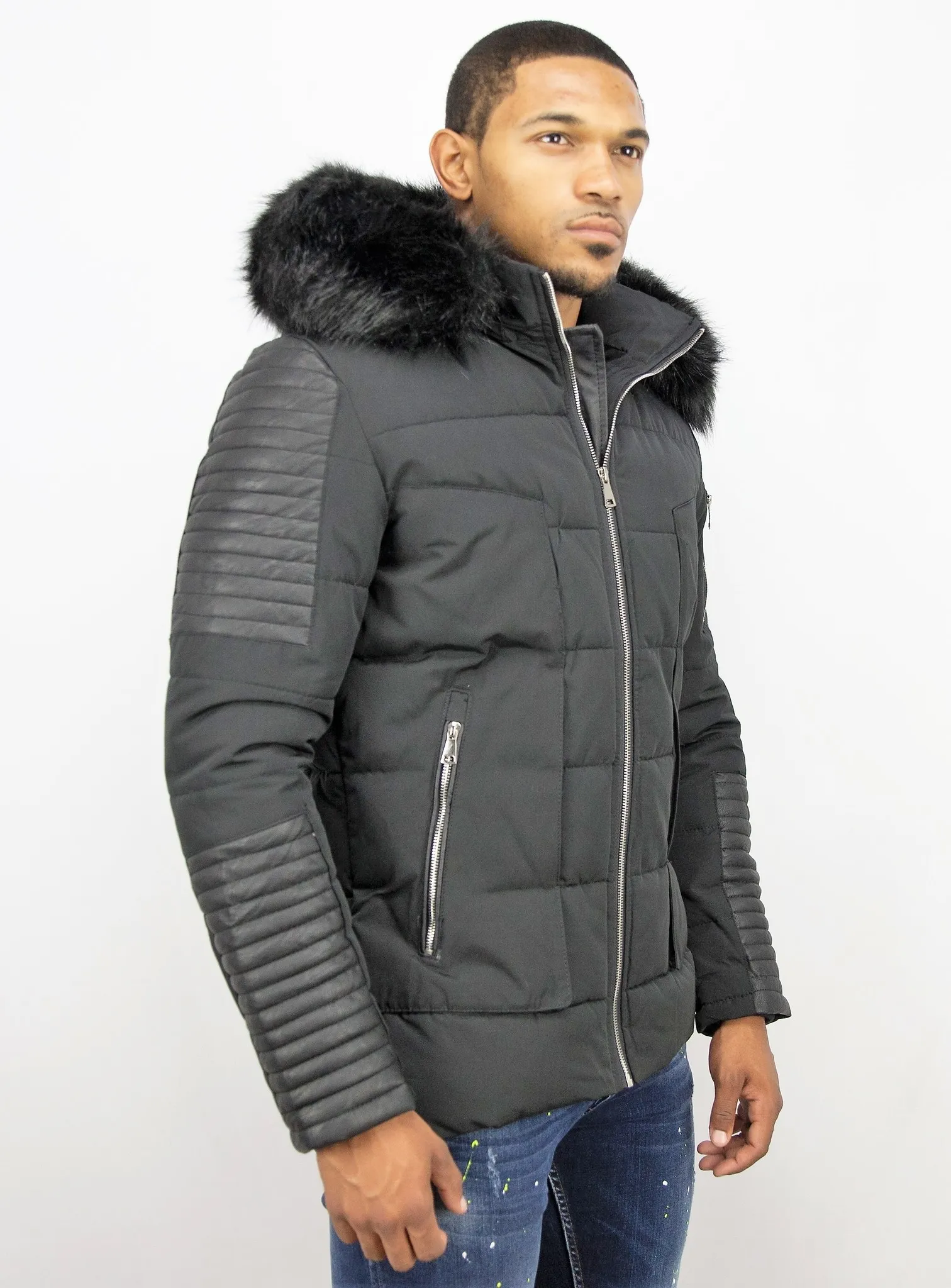 Black Leather Winter Coat with Full Arms