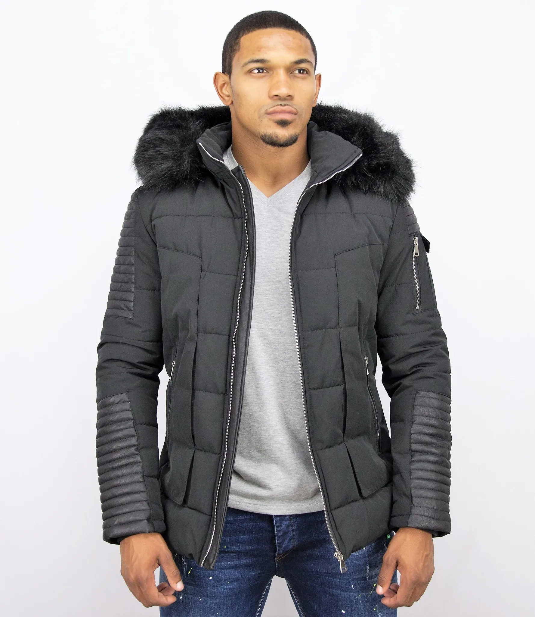 Black Leather Winter Coat with Full Arms