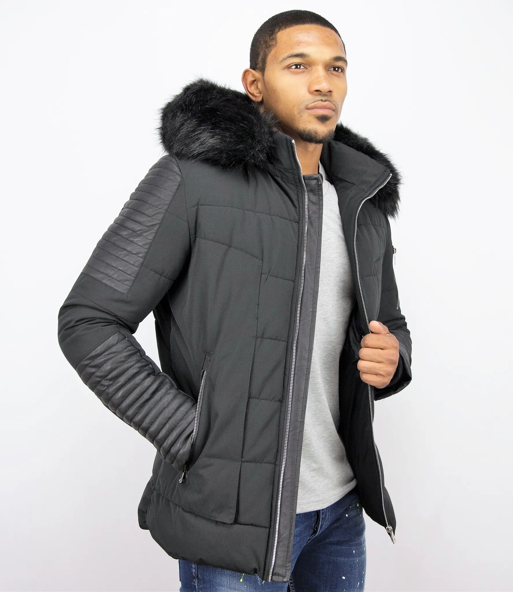 Black Leather Winter Coat with Full Arms