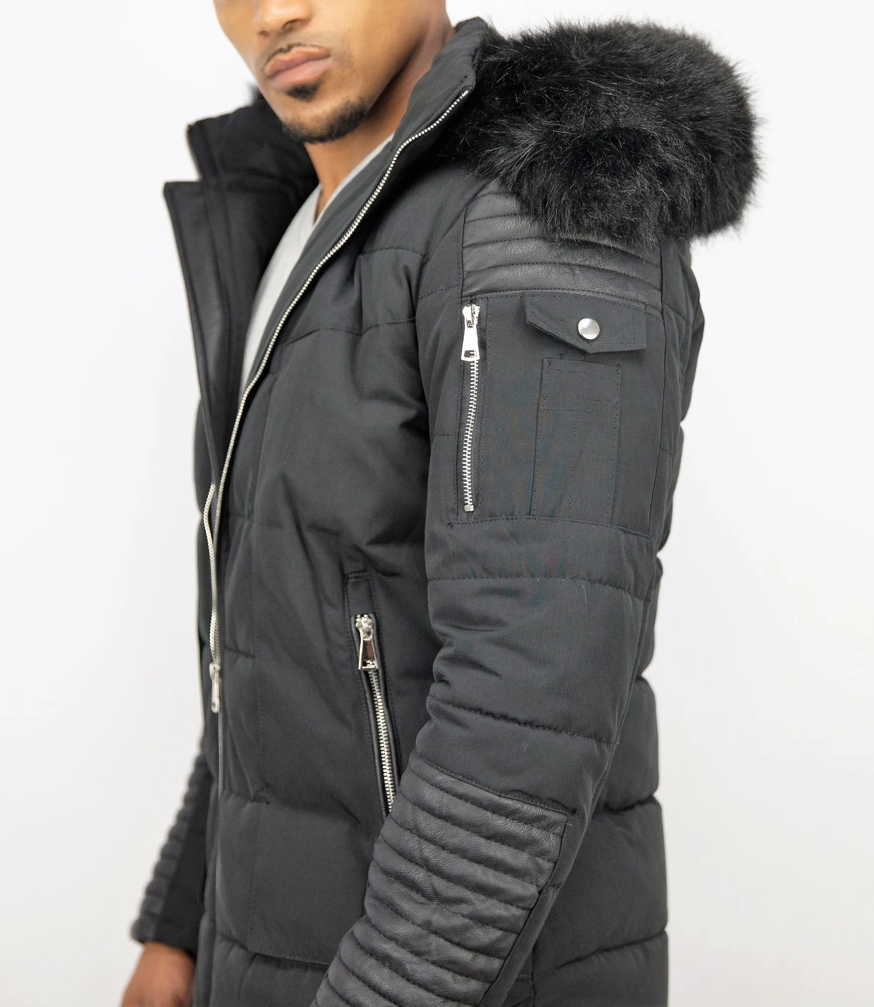 Black Leather Winter Coat with Full Arms