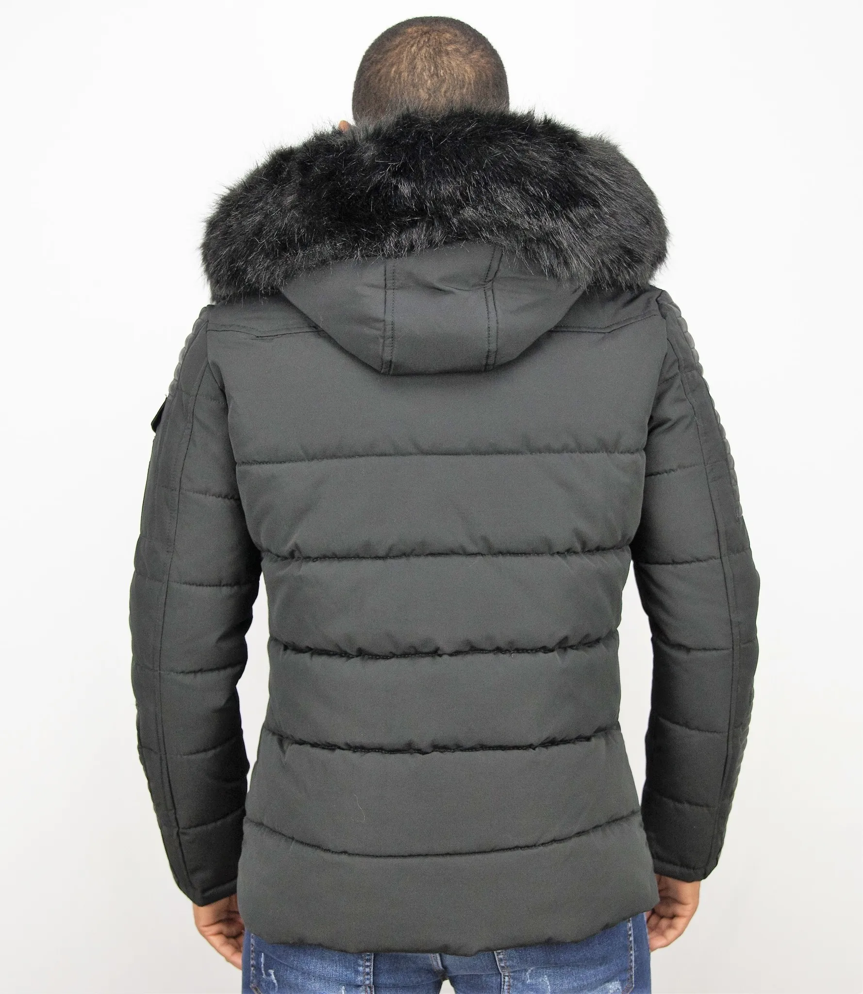 Black Leather Winter Coat with Full Arms