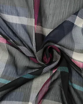 Black Pink White Checks Print Chiffon Fabric.