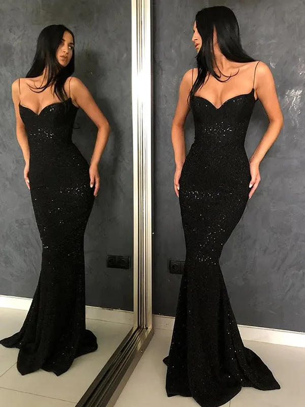 Black Sequins Spaghetti Straps Mermaid Prom Dress OL580