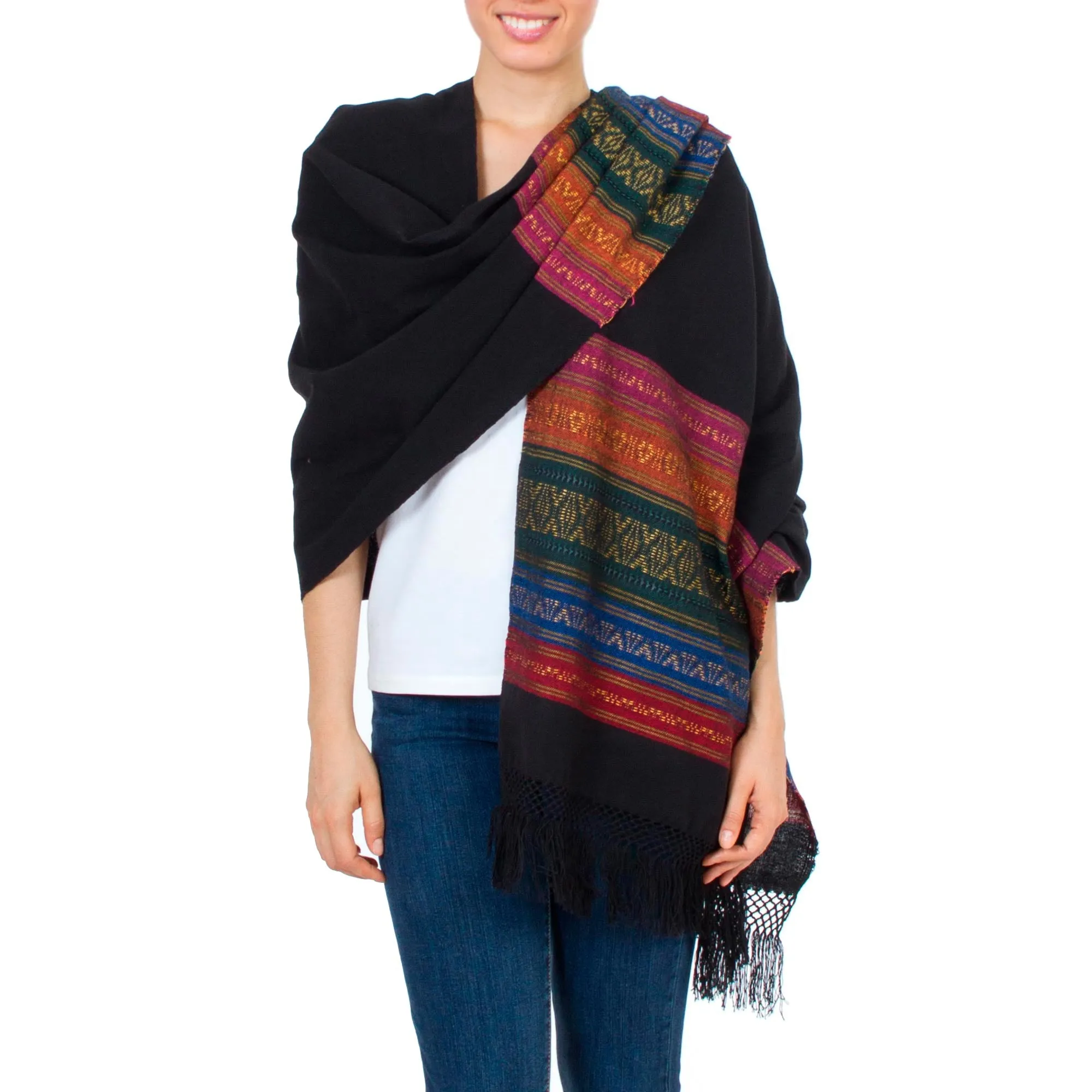 Black Zapotec Rebozo Shawl with Geometric Stripes - Zapotec Night Splendor