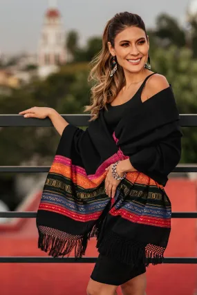 Black Zapotec Rebozo Shawl with Geometric Stripes - Zapotec Night Splendor