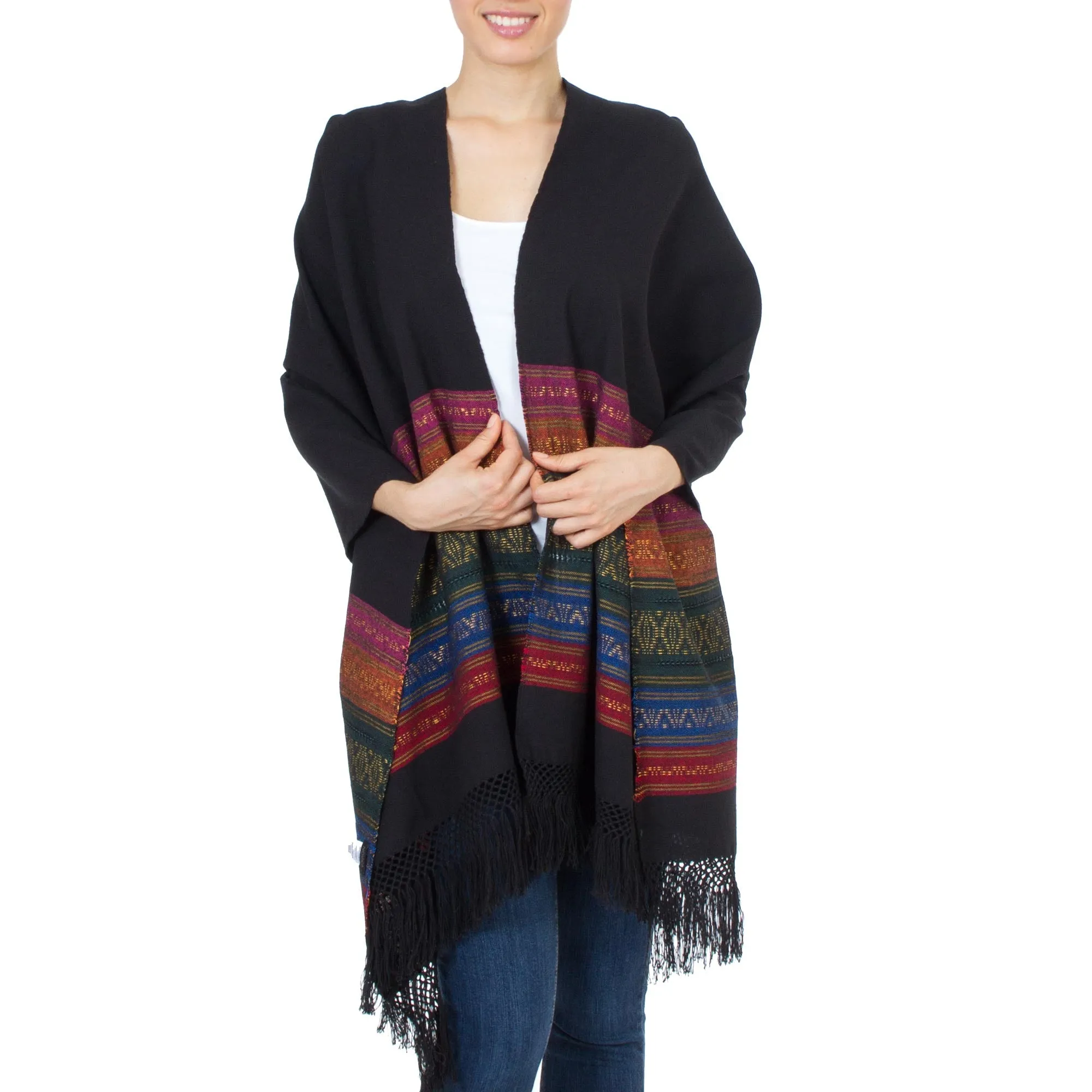 Black Zapotec Rebozo Shawl with Geometric Stripes - Zapotec Night Splendor