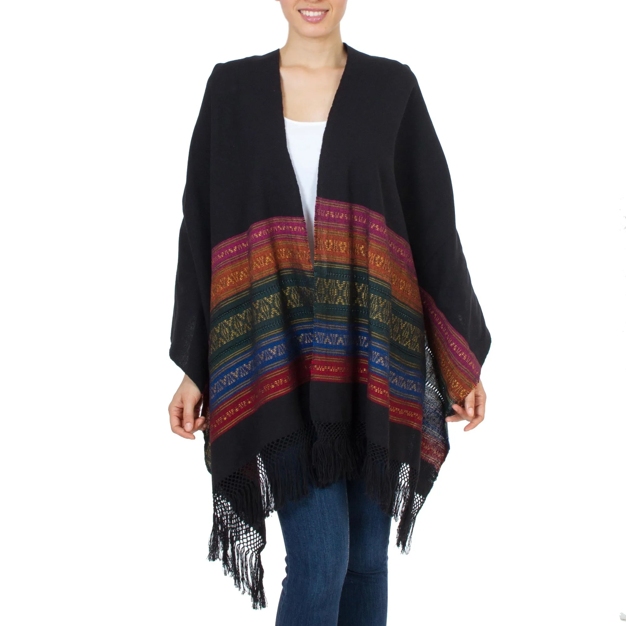 Black Zapotec Rebozo Shawl with Geometric Stripes - Zapotec Night Splendor