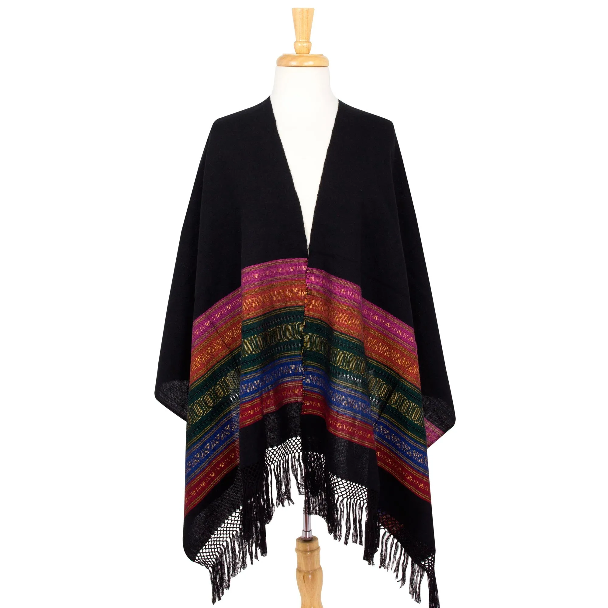 Black Zapotec Rebozo Shawl with Geometric Stripes - Zapotec Night Splendor