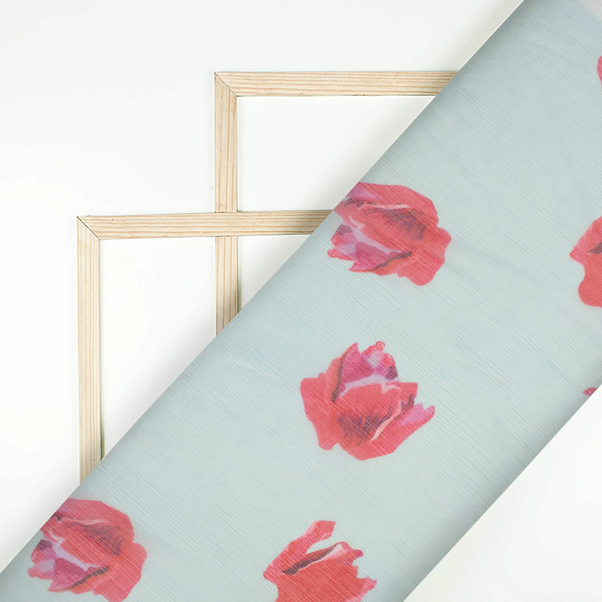 Blue and Red Floral Bemberg Chiffon Fabric Digital Print