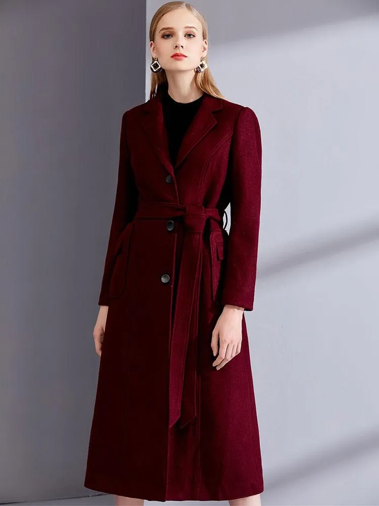 Burgundy Wool Wrap Coat with Notch Collar - Women's Winter Outerwear