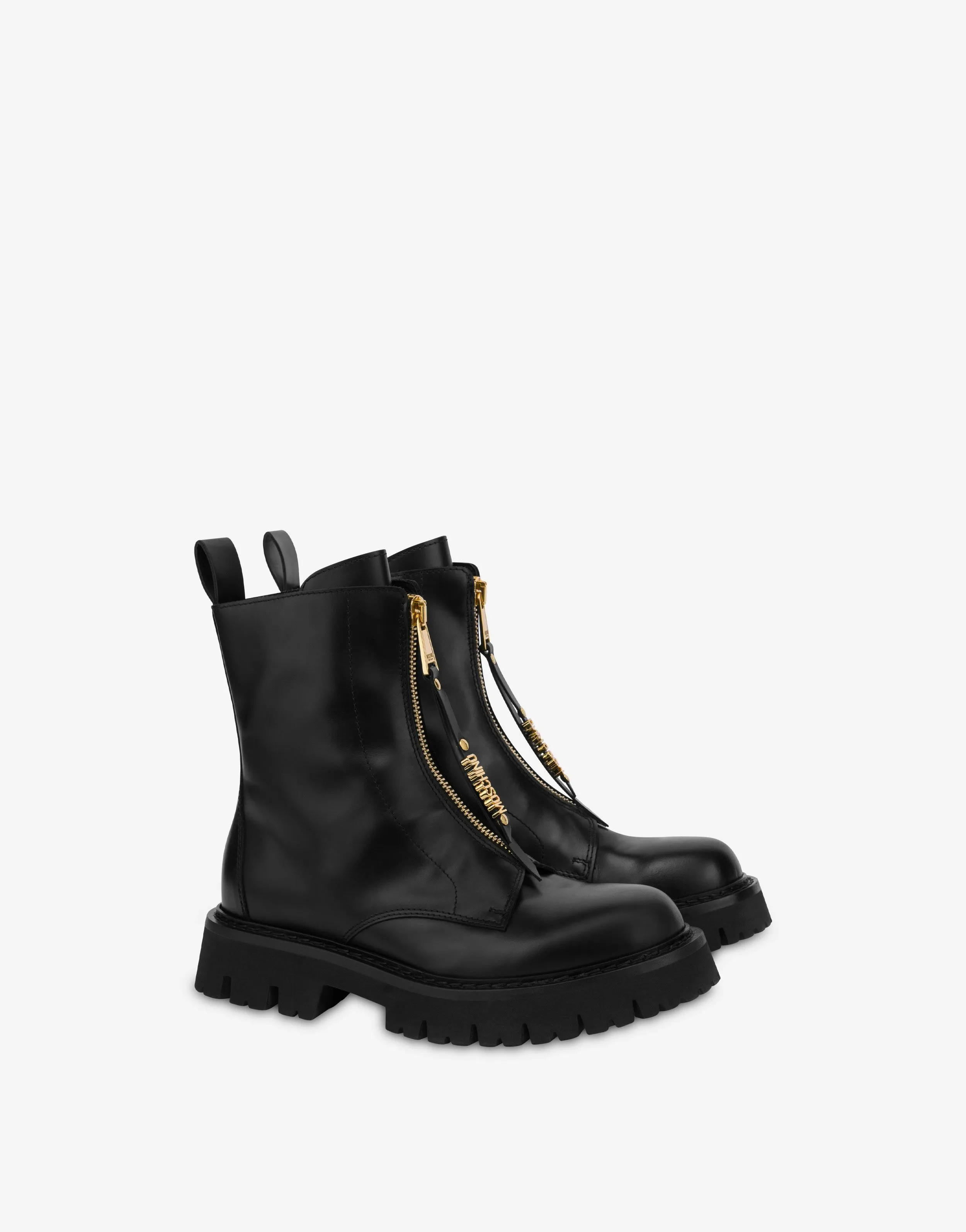 Calfskin biker boots with mini lettering logo