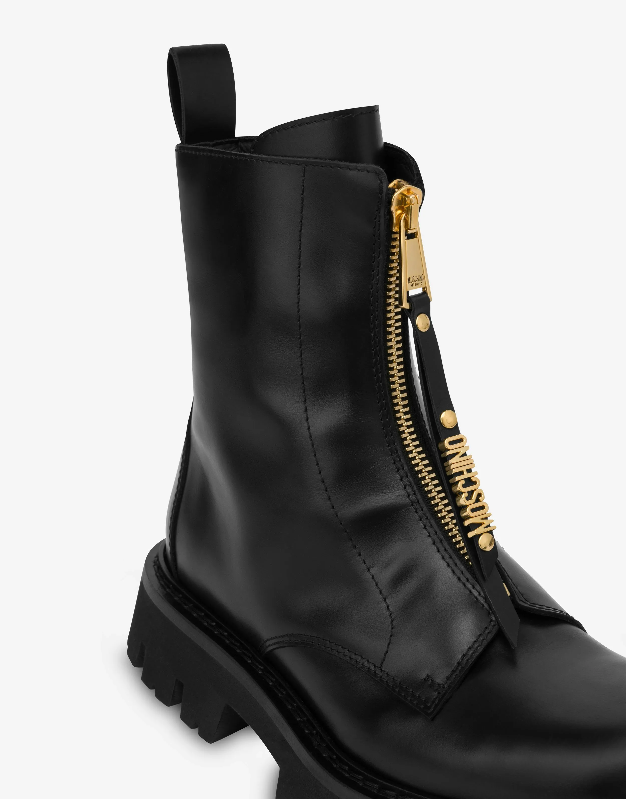 Calfskin biker boots with mini lettering logo