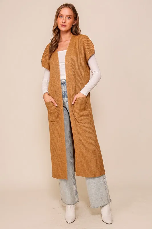 Camel Cap Sleeve Long Cardigan