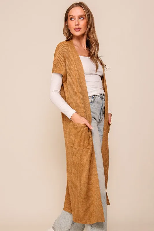 Camel Cap Sleeve Long Cardigan