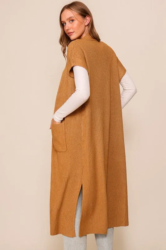 Camel Cap Sleeve Long Cardigan