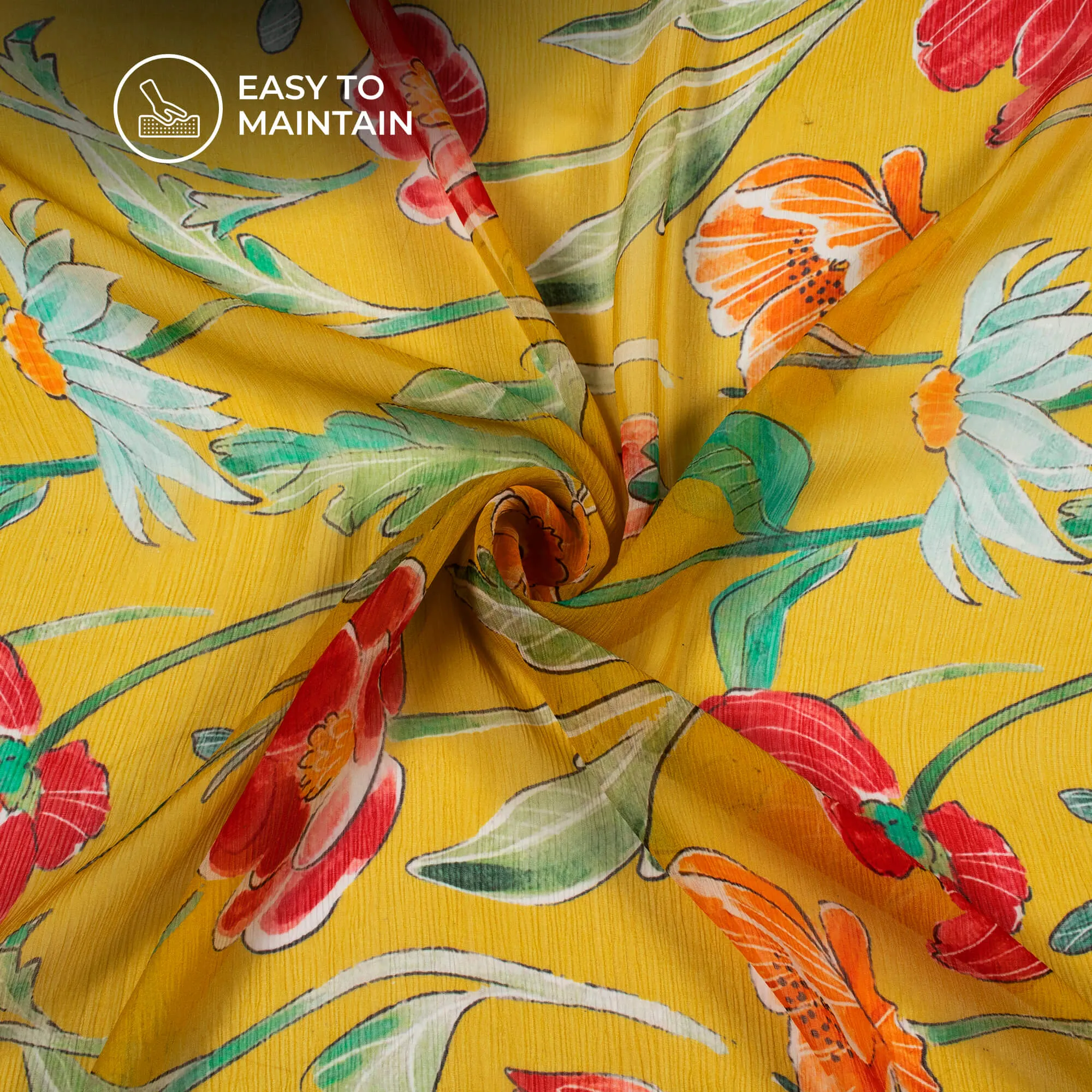 Canary Yellow Floral Chiffon Fabric Digital Print