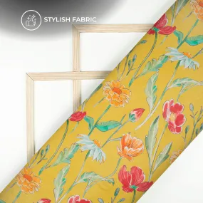 Canary Yellow Floral Chiffon Fabric Digital Print