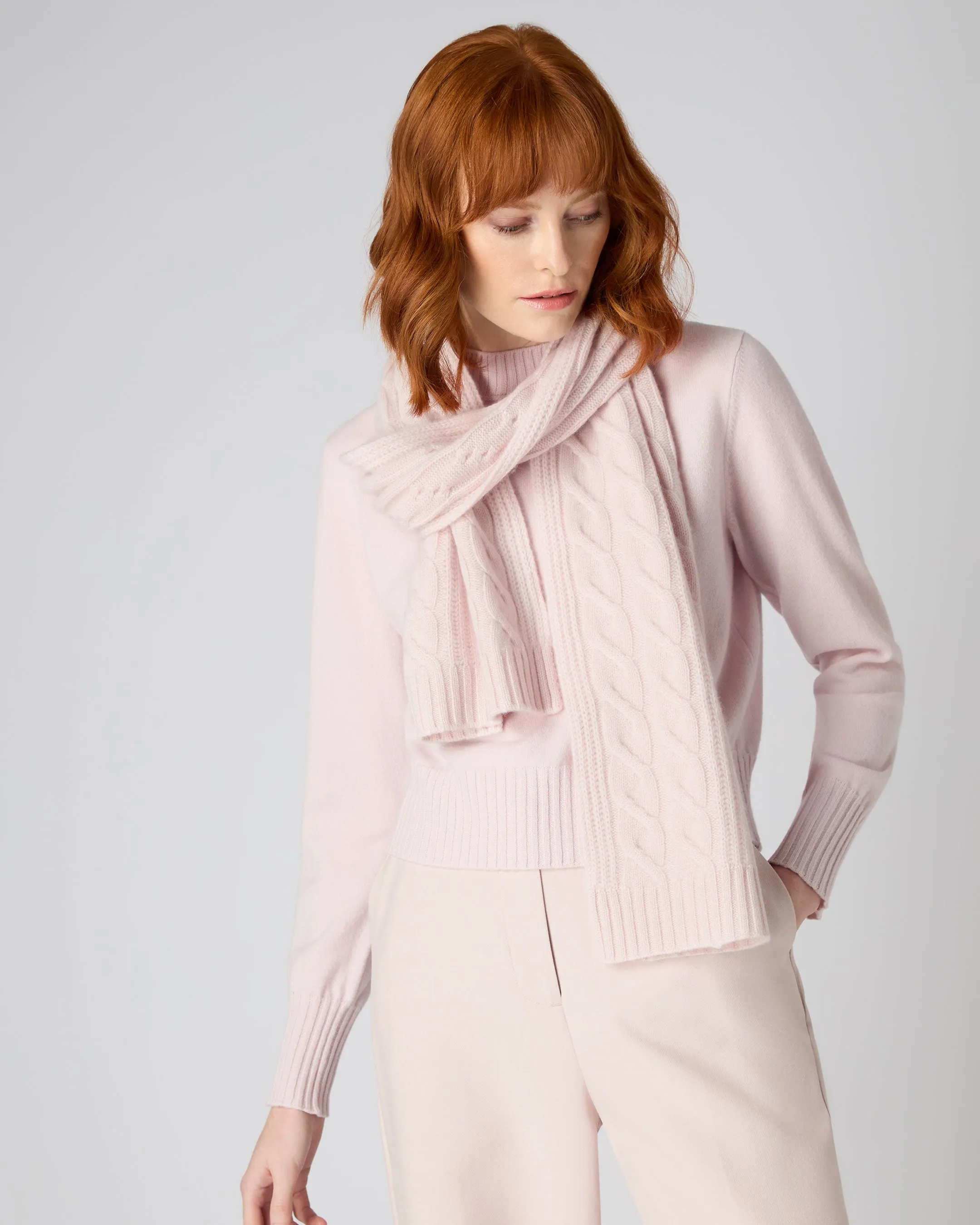 Cashmere Scarf Quartz Pink for Women, Cable Rib Knit