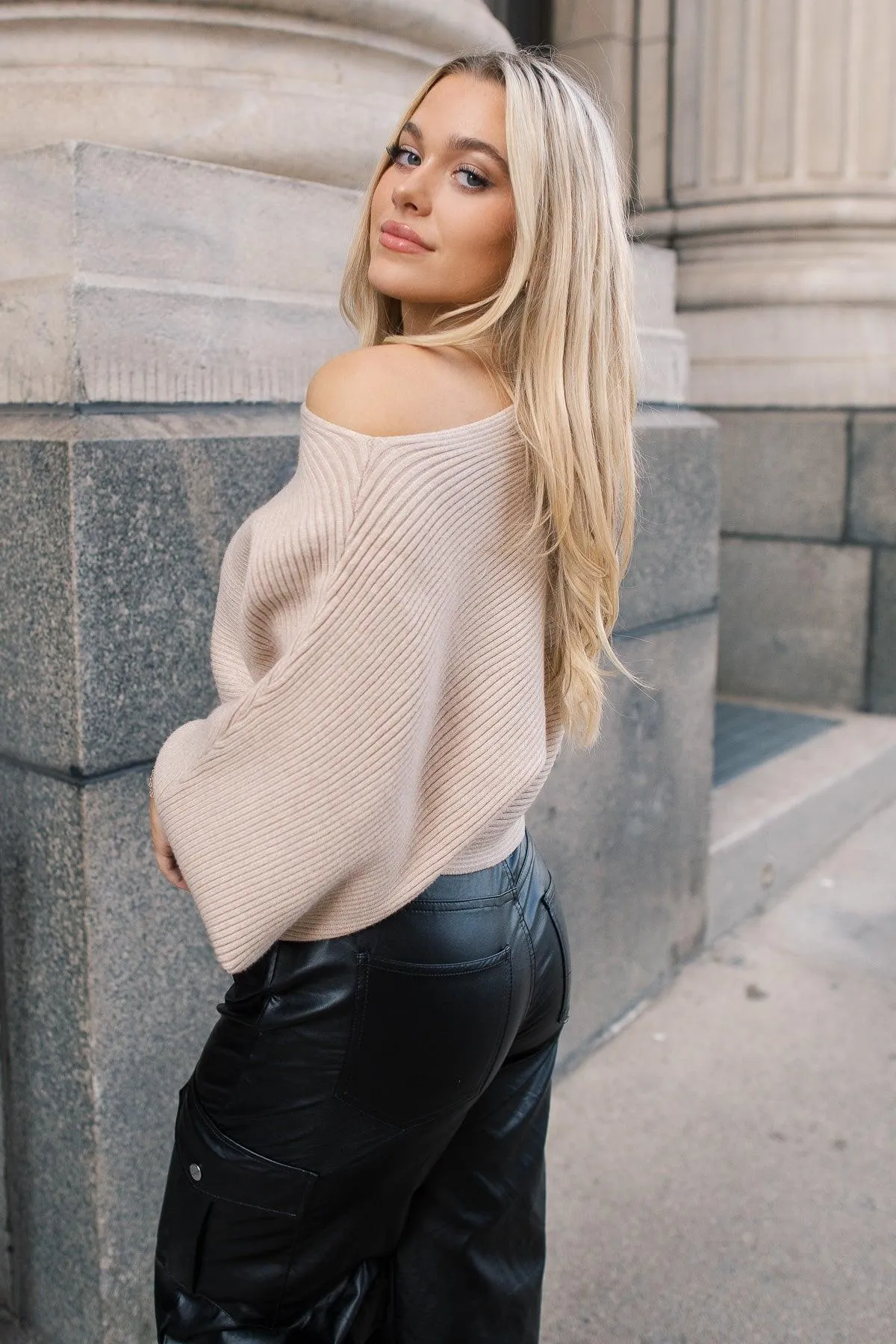 Cora Taupe Rib Knit Sweater - Clearance Sale.