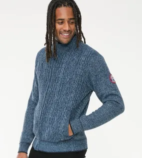 ECCLES Men's Blue Cable Knit Sweater with Bonded Check Lining and Zipper