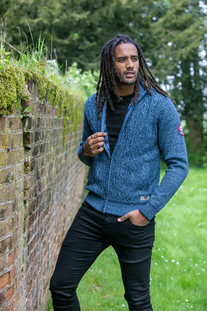 ECCLES Men's Blue Cable Knit Sweater with Bonded Check Lining and Zipper