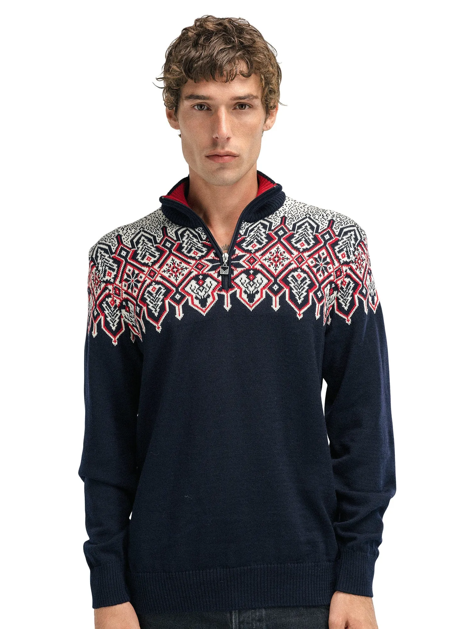 Dale of Norway Men's Winterland Sweater in Navy/Off White/Raspberry.