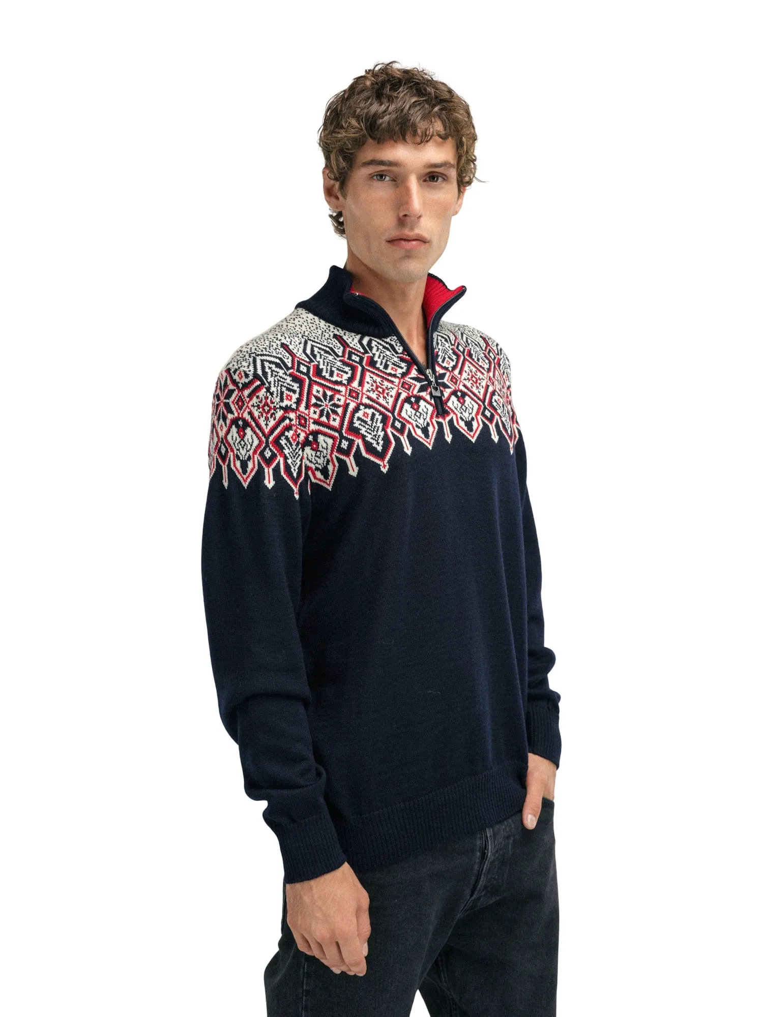 Dale of Norway Men's Winterland Sweater in Navy/Off White/Raspberry.