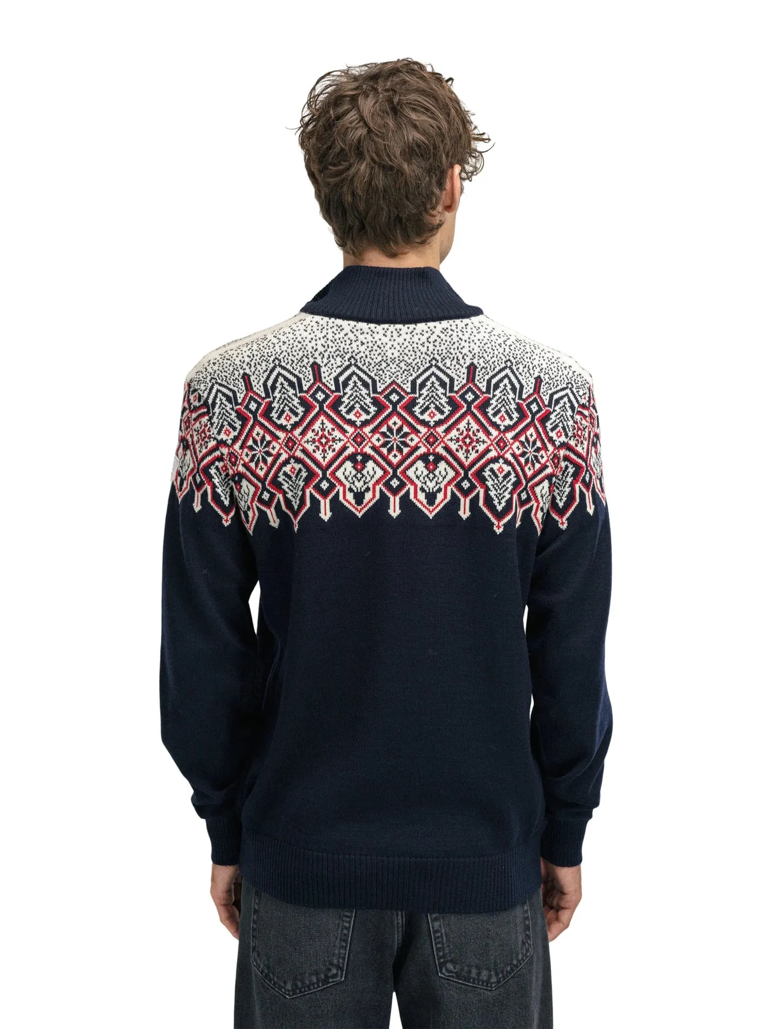 Dale of Norway Men's Winterland Sweater in Navy/Off White/Raspberry.