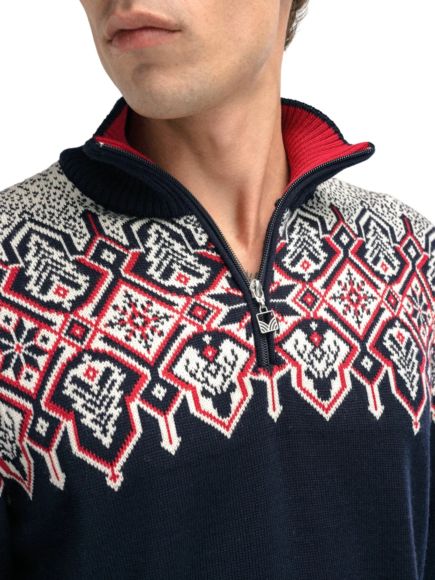 Dale of Norway Men's Winterland Sweater in Navy/Off White/Raspberry.