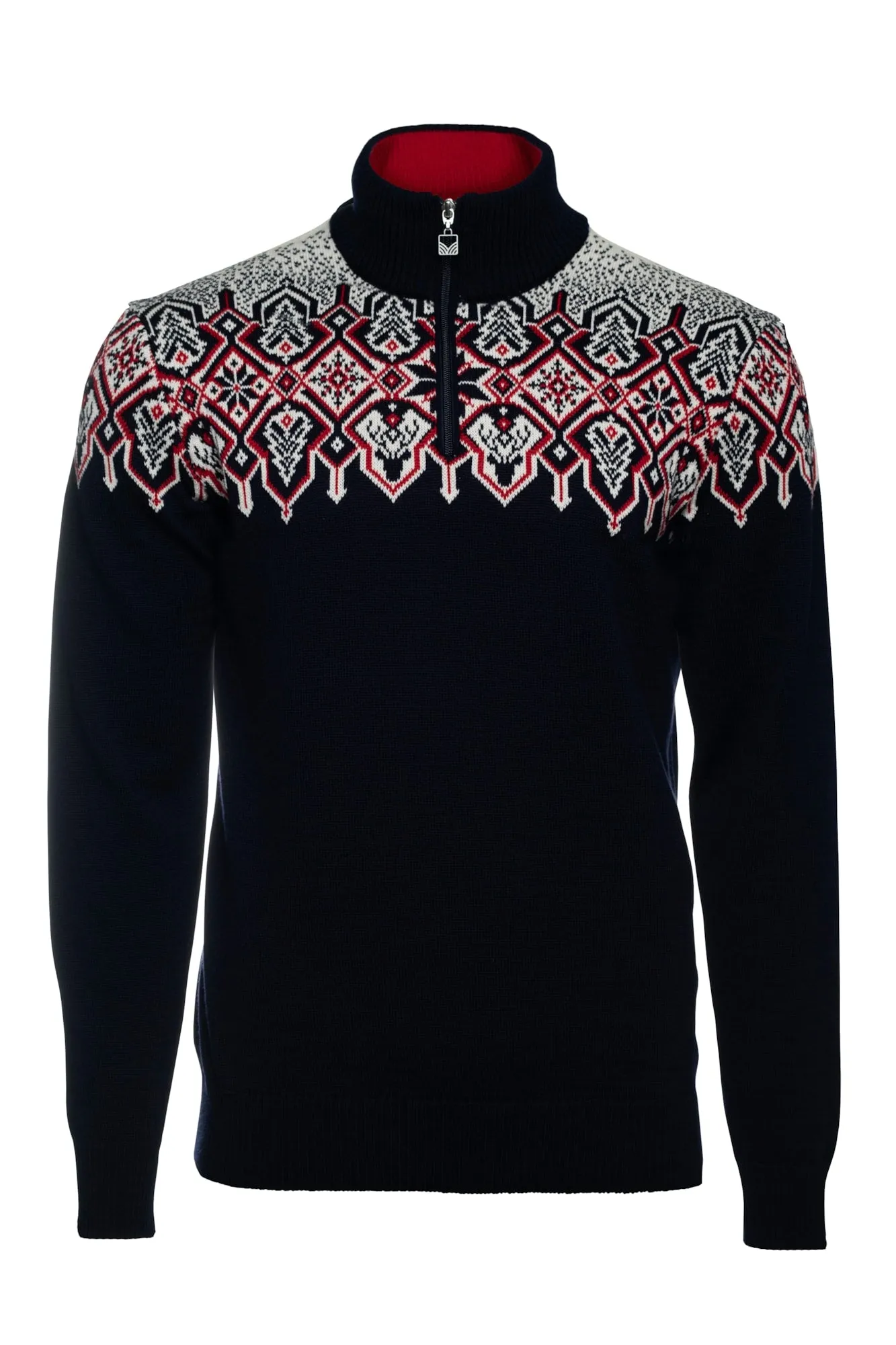 Dale of Norway Men's Winterland Sweater in Navy/Off White/Raspberry.