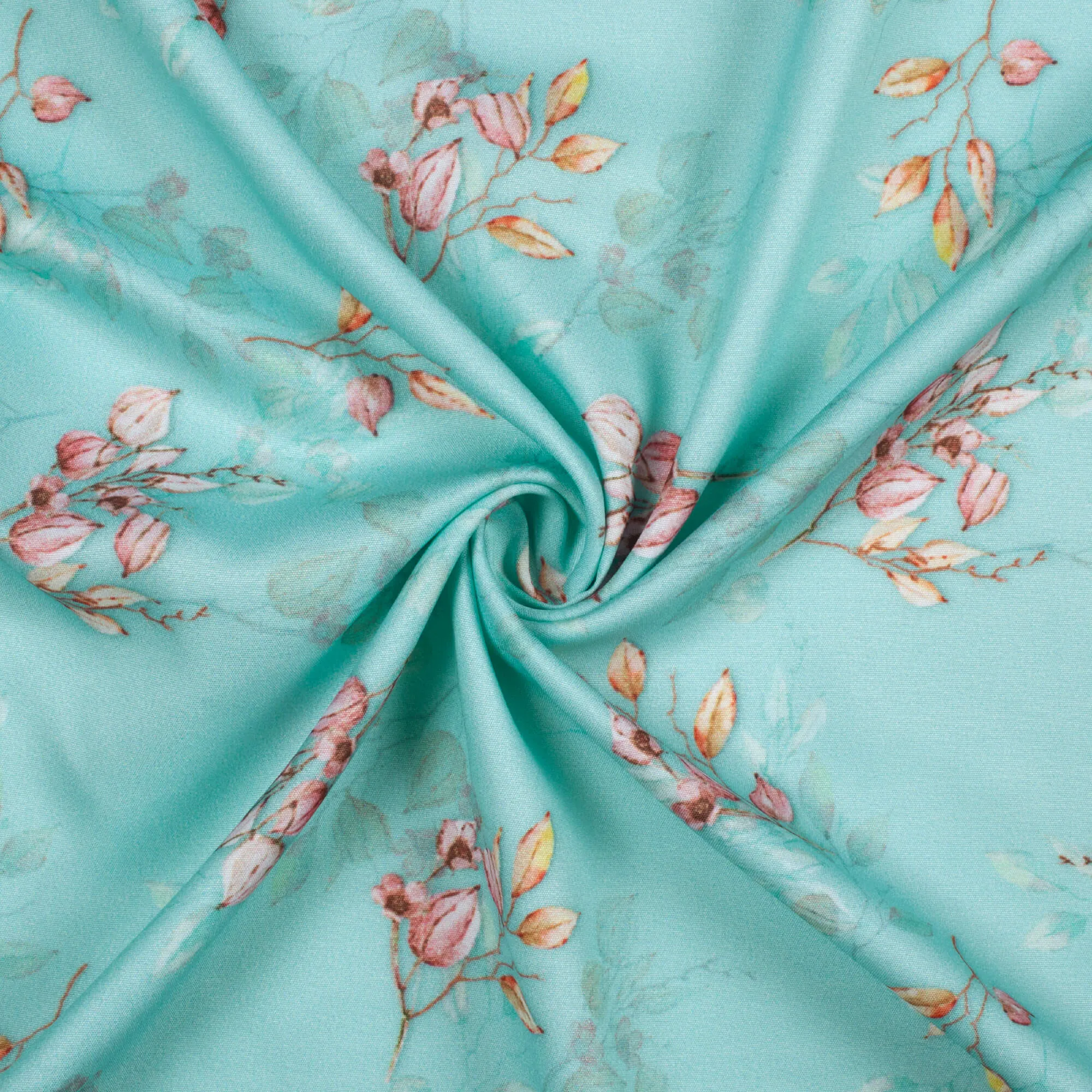 Floral Pattern Digital Print Poly Micro Crepe Fabric in Sky Blue and Pink