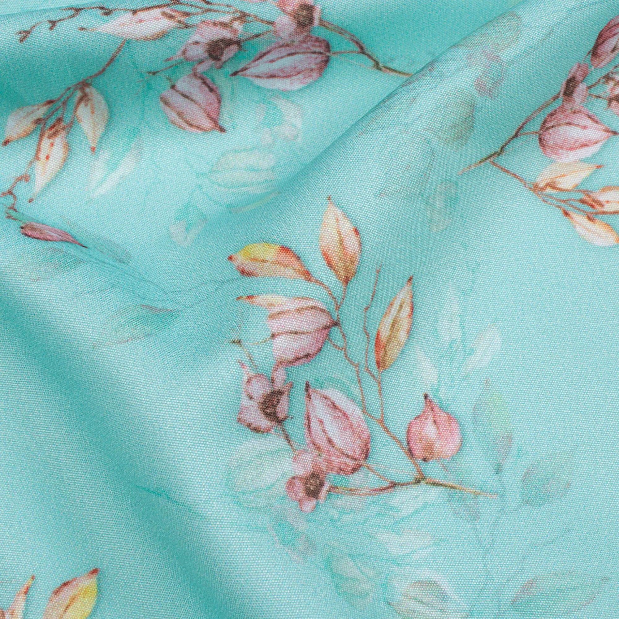 Floral Pattern Digital Print Poly Micro Crepe Fabric in Sky Blue and Pink