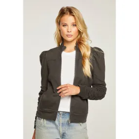 French Terry Zip Up Jacket with Puff Sleeves and Shirred Detail in Linen fabric