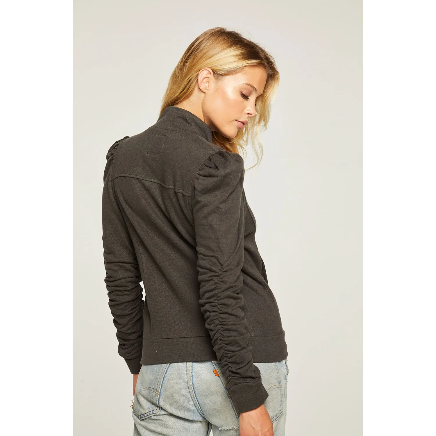 French Terry Zip Up Jacket with Puff Sleeves and Shirred Detail in Linen fabric