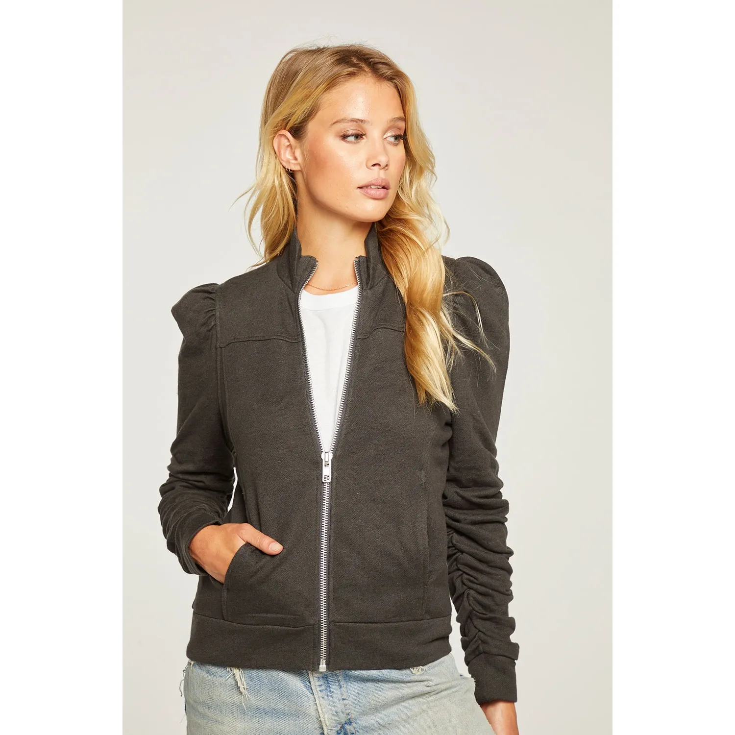 French Terry Zip Up Jacket with Puff Sleeves and Shirred Detail in Linen fabric