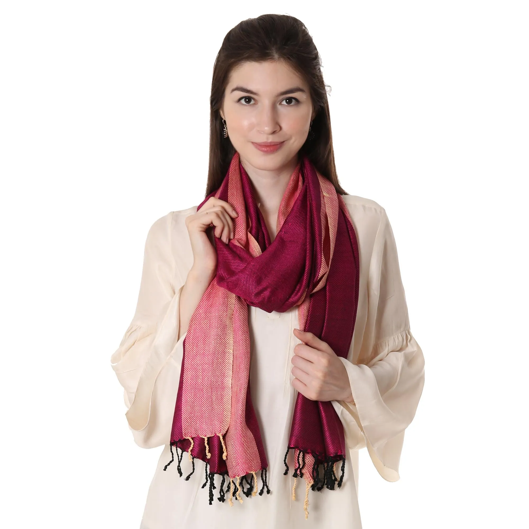 Fuchsia and Parchment Indian Handwoven Silk Shawl - Fuchsia Glory