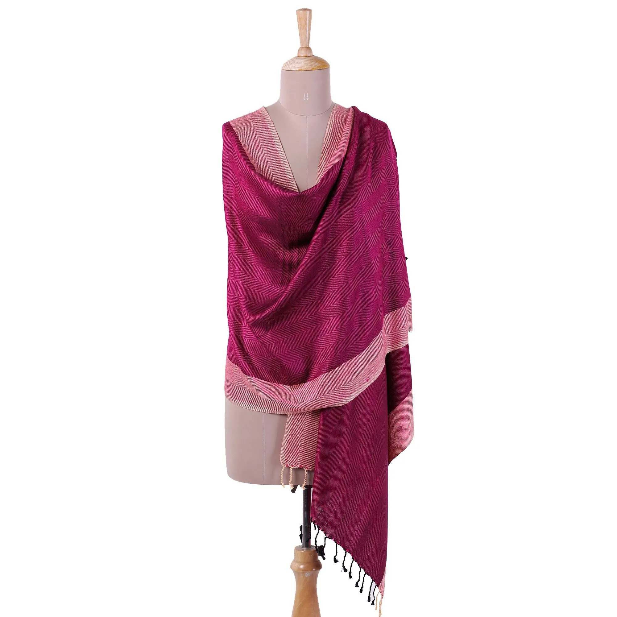 Fuchsia and Parchment Indian Handwoven Silk Shawl - Fuchsia Glory