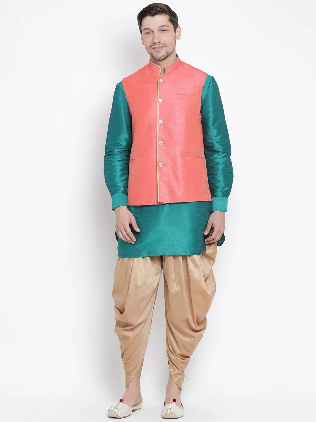 Green Cotton Silk Blend Ethnic Jacket, Kurta, and Dhoti Pant Set for Men by VASTRAMAY