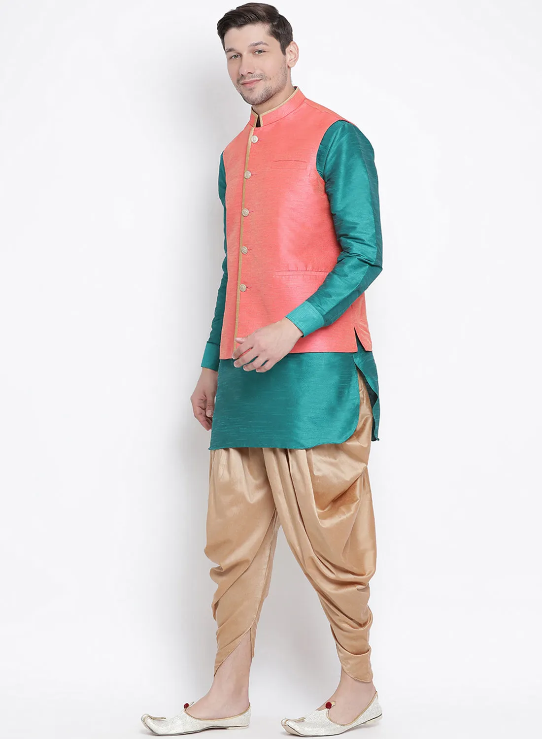 Green Cotton Silk Blend Ethnic Jacket, Kurta, and Dhoti Pant Set for Men by VASTRAMAY